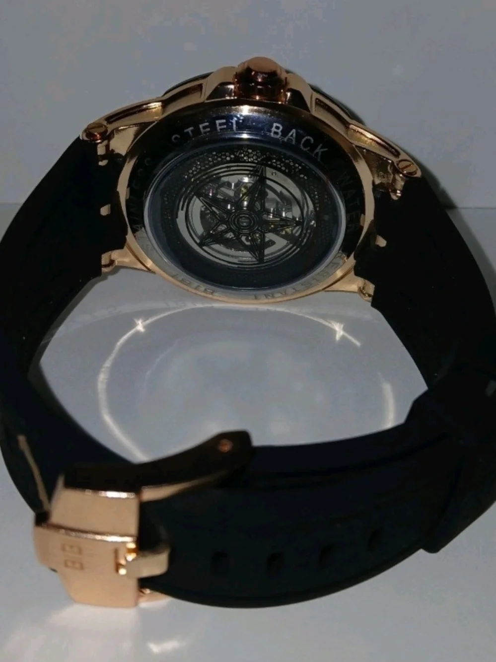 BiBi Rose Gold Skeleton Mechanical Watch with Black Strap and Red Accents